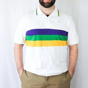 Mardi Gras Adult White Short Sleeve Polo Shirt With Purple Green and Gold Stripe